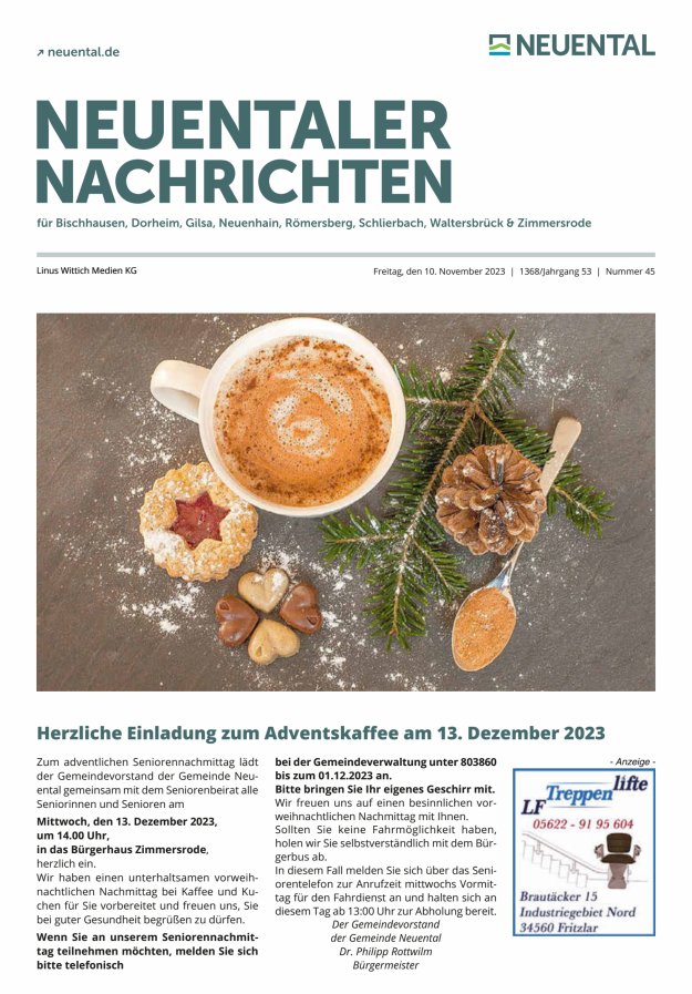 Neuentaler Nachrichten Titelblatt 45/2023