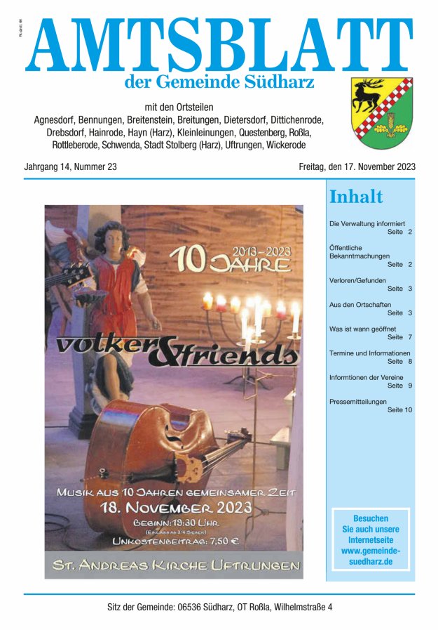 Amtsblatt der Gemeinde Südharz Titelblatt 23/2023