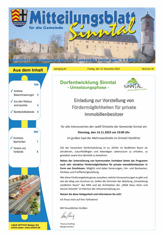 Mitteilungsblatt für die Gemeinde Sinntal Titelblatt 45/2023