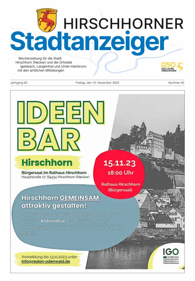 Hirschhorner Stadtanzeiger Titelblatt 45/2023