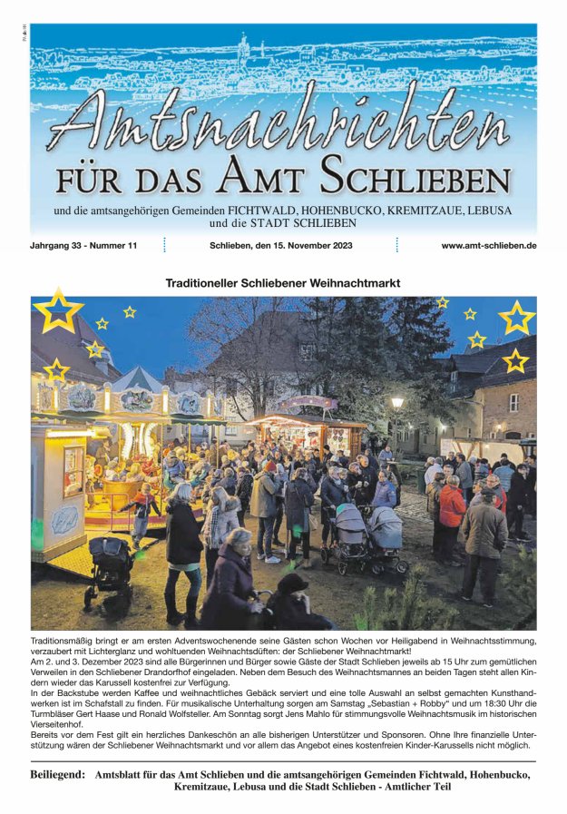 Amtsnachrichten – Amtsblatt für das Amt Schlieben und die amtsangehörigen Gemeinden Titelblatt 11/2023