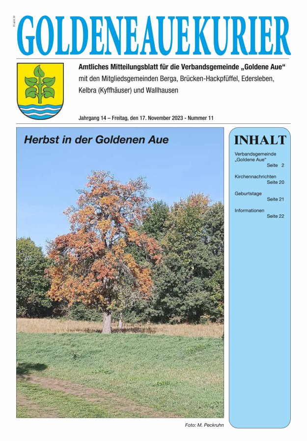 Goldene Aue Kurier – Amtliches Mitteilungsblatt für die Verbandsgemeinde "Goldene Aue" Titelblatt 11/2023