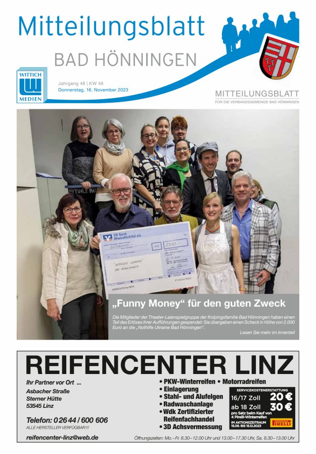 Mitteilungsblatt für den Bereich der Verbandsgemeinde Bad Hönningen Titelblatt 46/2023