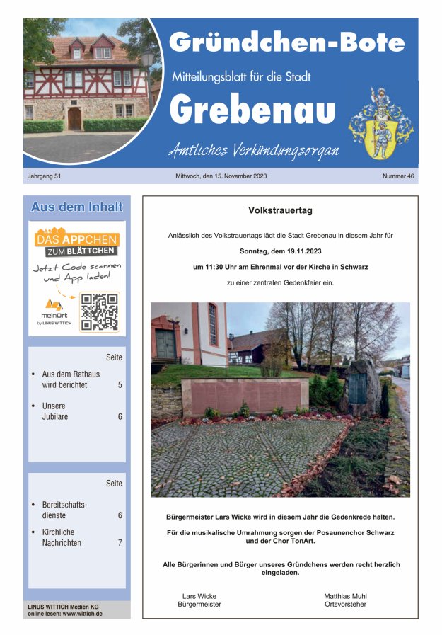 Grebenau - Gründchen Bote - Mitteilungsblatt für die Stadt Grebenau Titelblatt 46/2023