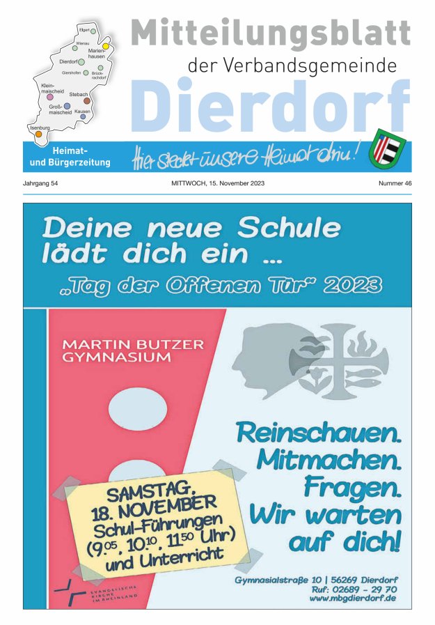 Mitteilungsblatt der Verbandsgemeinde Dierdorf Titelblatt 46/2023