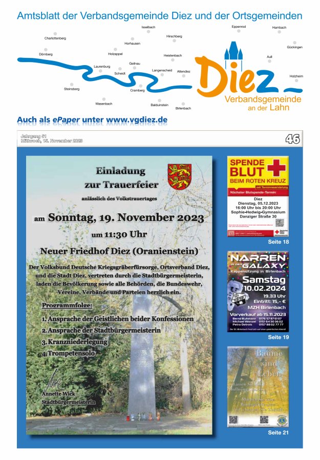 Mitteilungsblatt der Verbandsgemeinde Diez und der Ortsgemeinden Titelblatt 46/2023