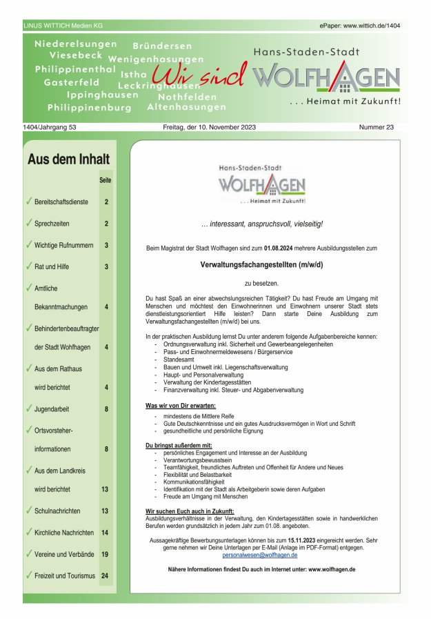 Wolfhager Stadtanzeiger Titelblatt 23/2023