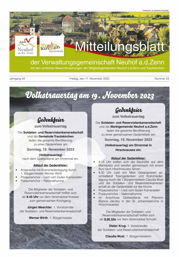 Mitteilungsblatt der Verwaltungsgemeinschaft Neuhof an der Zenn mit den amtlichen Bekanntmachungen der Mitgliedsgemeinden Neuhof an der Zenn und Trautskirchen Titelblatt 23/2023