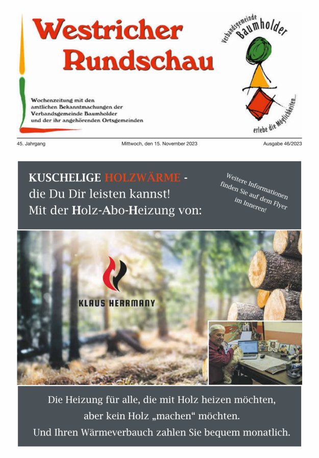 Westricher Rundschau VG Baumholder Titelblatt 46/2023