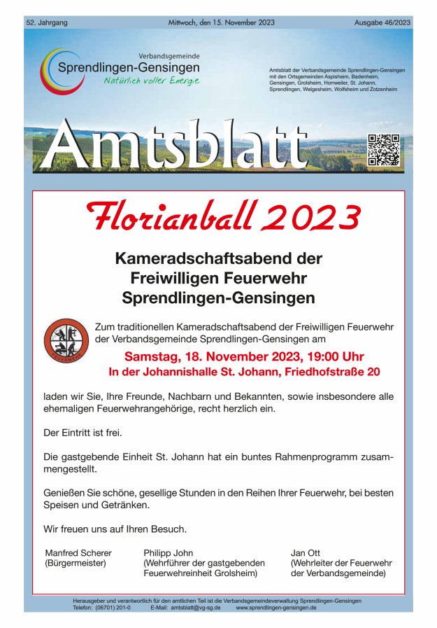 Amtsblatt VG Sprendlingen-Gensingen Titelblatt 46/2023