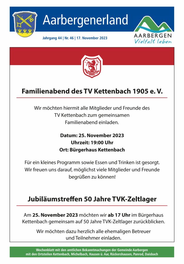 Aarbergenerland - Wochenblatt mit den amtlichen Bekanntmachungen Titelblatt 46/2023