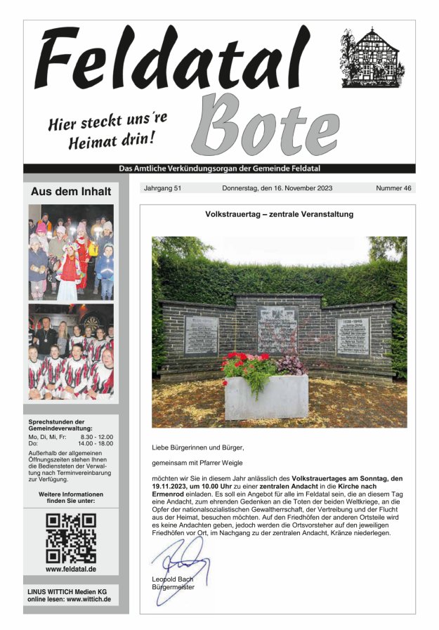 Das Amtliche Verkündungsorgan der Gemeinde Feldatal Titelblatt 46/2023