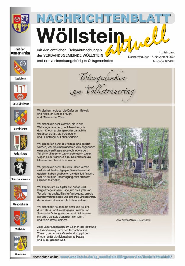 Nachrichtenblatt Wöllstein aktuell Titelblatt 46/2023