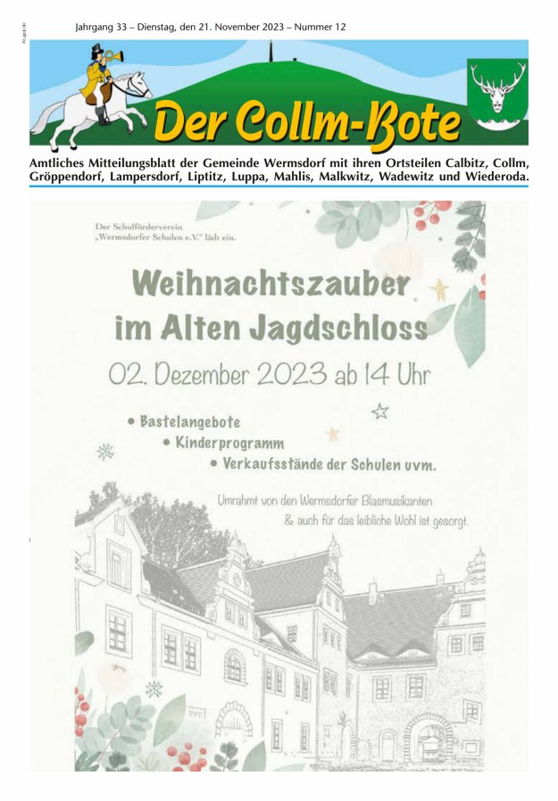 Collm-Bote – Amtliches Mitteilungsblatt der Gemeinde Wermsdorf mit ihren Ortsteilen Titelblatt 12/2023
