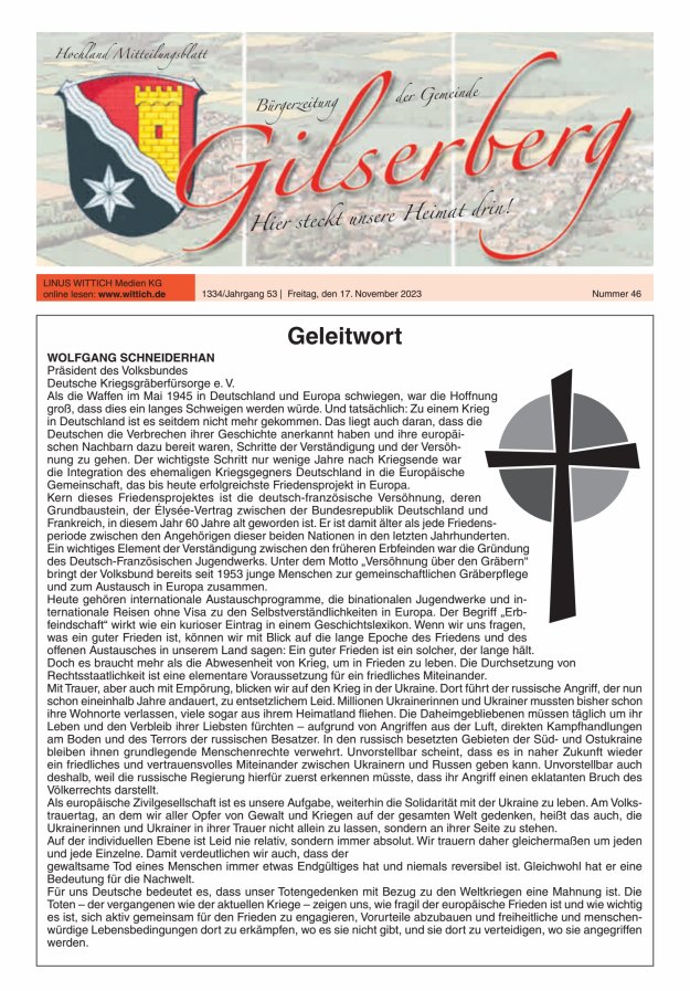 Hochland Mitteilungsblatt Gilserberg Titelblatt 46/2023