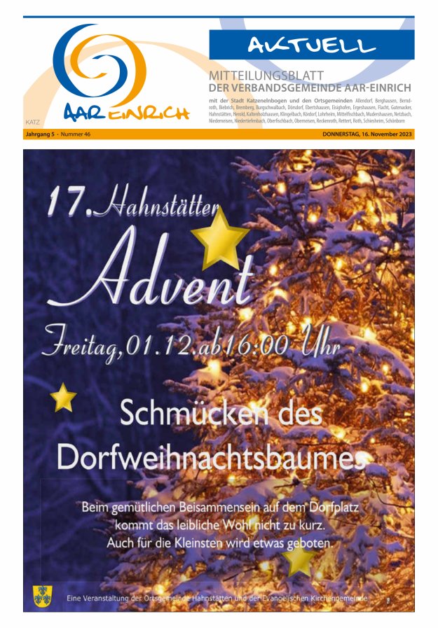 Mitteilungsblatt der Verbandsgemeinde Aar-Einrich Ausgabe Katzenelnbogen Titelblatt 46/2023