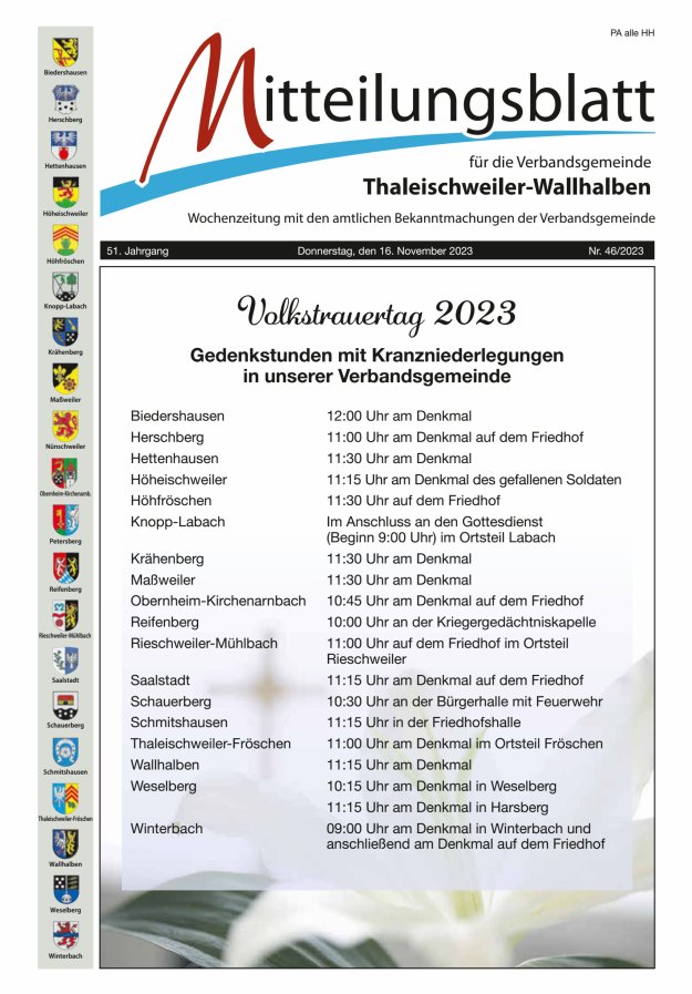Mitteilungsblatt VG Thaleischweiler-Wallhalben Titelblatt 46/2023