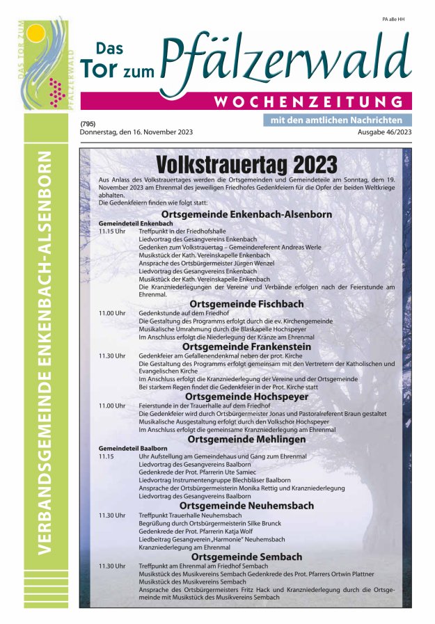 Das Tor zum Pfälzer Wald - VG Enkenbach-Alsenborn Titelblatt 46/2023