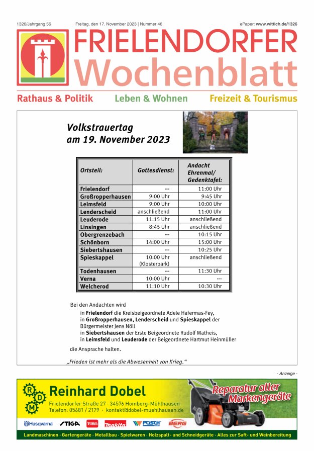 Frielendorfer Wochenblatt Titelblatt 46/2023