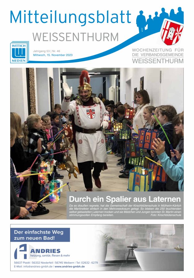Mitteilungsblatt für den Bereich der Verbandsgemeinde Weißenthurm Titelblatt 46/2023