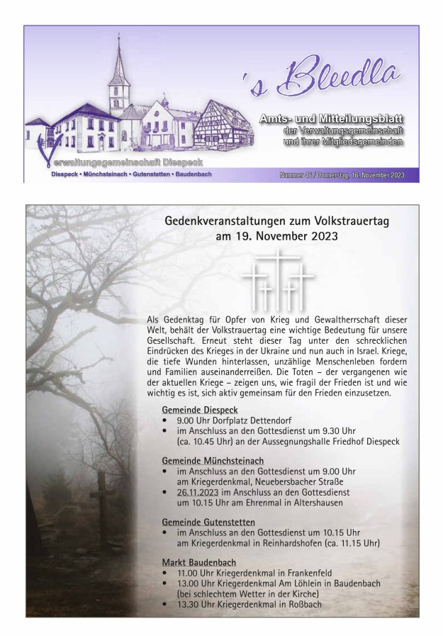 Amts- und Mitteilungsblatt VGem Diespeck Titelblatt 46/2023