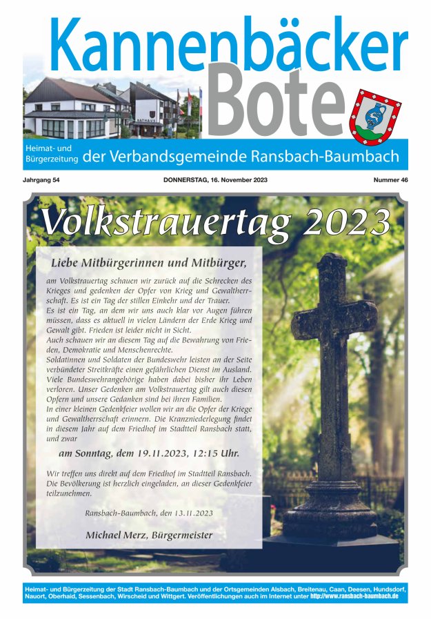 Kannenbäcker-Bote der Verbandsgemeinde Ransbach-Baumbach Titelblatt 46/2023