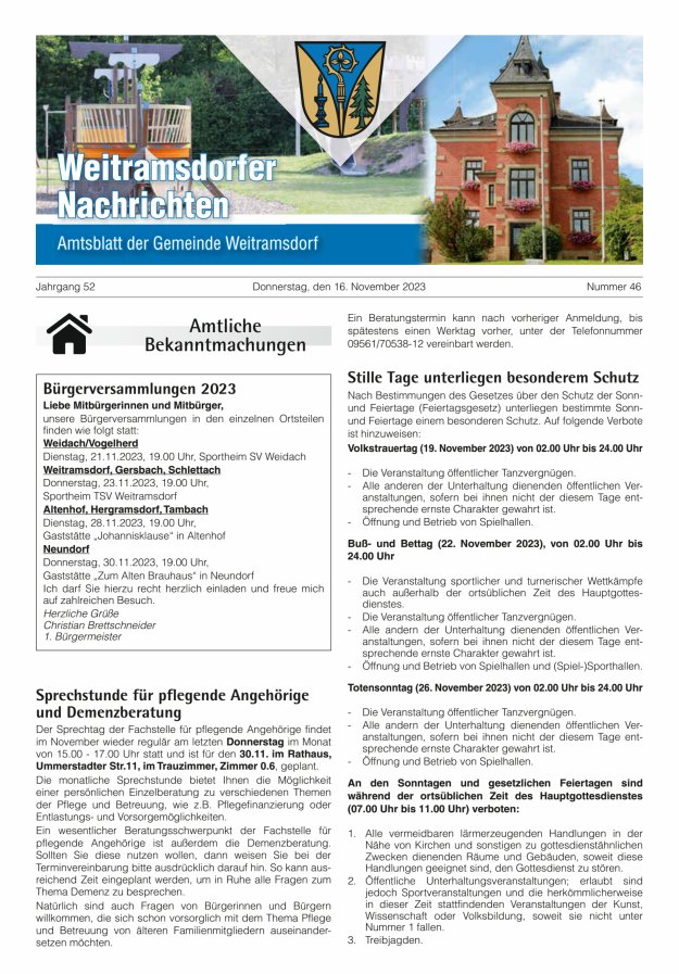Weitramsdorfer Nachrichten Titelblatt 46/2023
