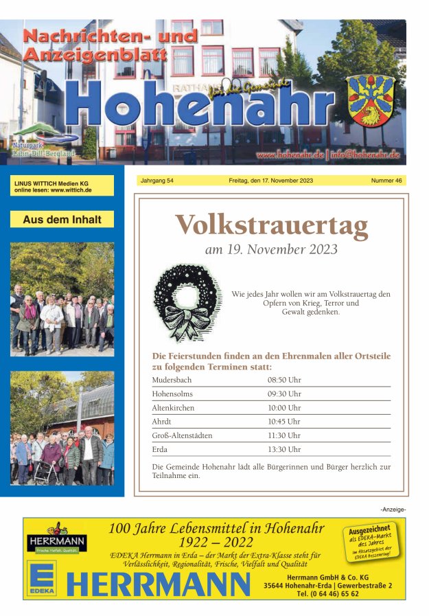 Nachrichten- und Anzeigenblatt für die Gemeinde Hohenahr Titelblatt 46/2023
