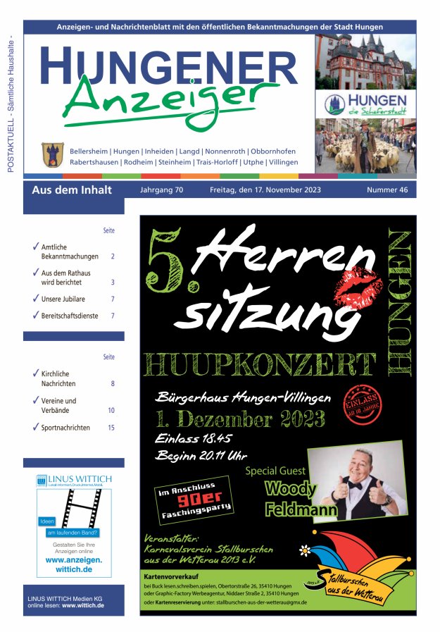 Anzeigen- und Nachrichtenblatt mit den öff  Bekanntmachungen der Stadt Hungen Titelblatt 46/2023