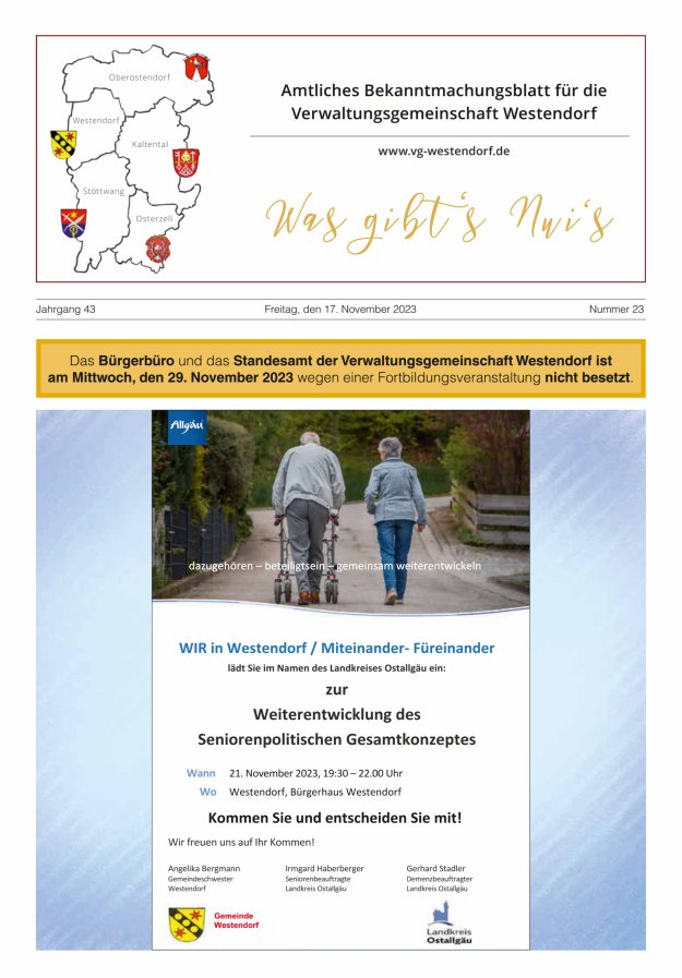 Was gibt's Nui's Amtliches Bekanntmachungsblatt für die VG Westendorf Titelblatt 23/2023