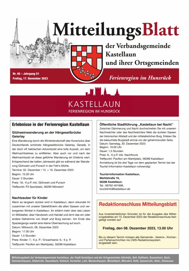 Mitteilungsblatt Kastellaun Titelblatt 46/2023