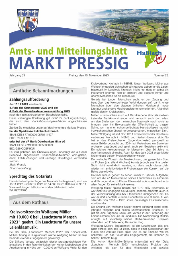 Amtsblatt für den Markt Pressig mit den Gemeindeteilen Titelblatt 23/2023