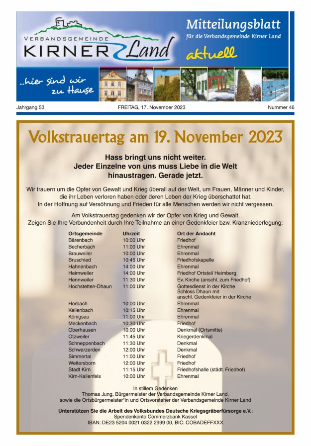 Mitteilungsblatt für den Bereich der Verbandsgemeinde Kirner Land Titelblatt 46/2023