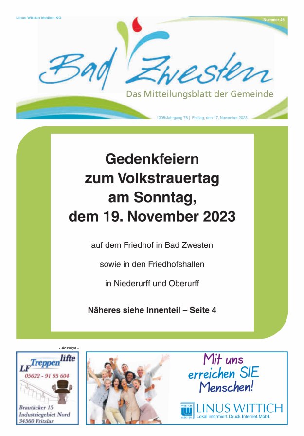 Heimatzeitung Bad Zwesten Titelblatt 46/2023
