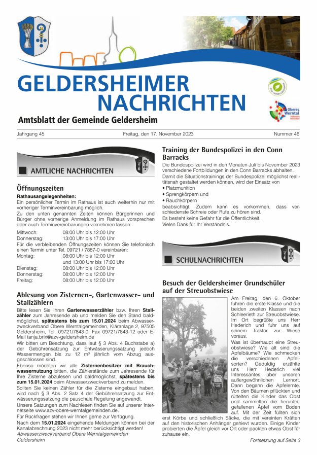 Geldersheimer Nachrichten Amtsblatt der Gemeinde Geldersheim Titelblatt 46/2023