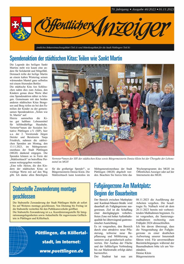 Öffentlicher Anzeiger - Stadt Püttlingen Titelblatt 46/2023