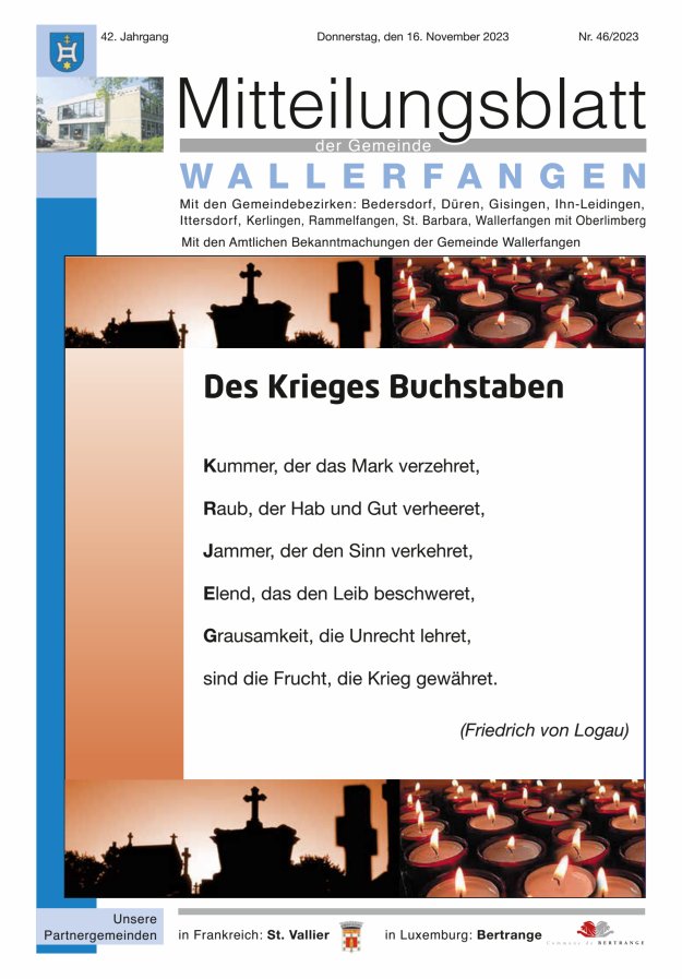 Mitteilungsblatt Gemeinde Wallerfangen Titelblatt 46/2023