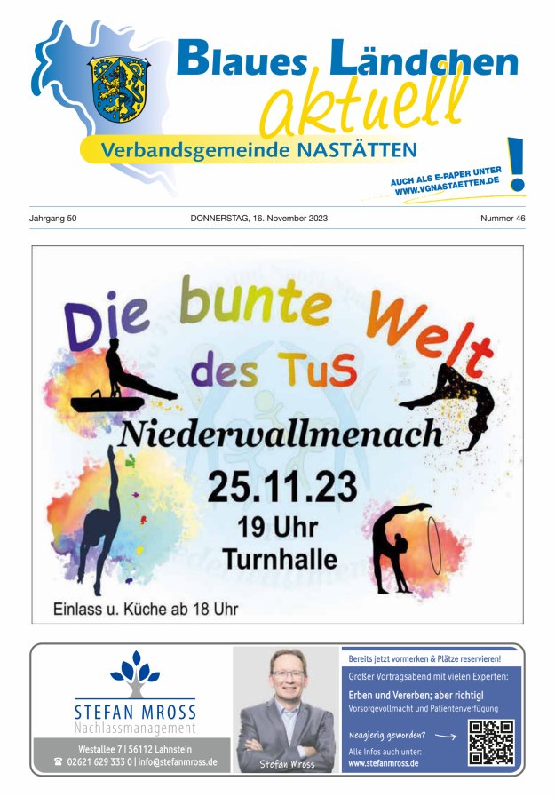 Blaues Ländchen aktuell - Heimat- u Bürgerzeitung VG Nastätten Titelblatt 46/2023