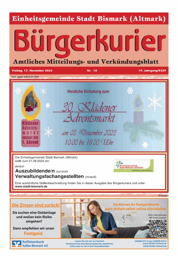 Bürgerkurier der Einheitsgemeinde Stadt Bismark (Altmark) Titelblatt 10/2023