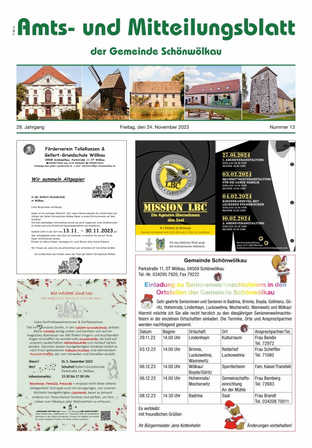 Amts- und Mitteilungsblatt der Gemeinde Schönwölkau Titelblatt 13/2023