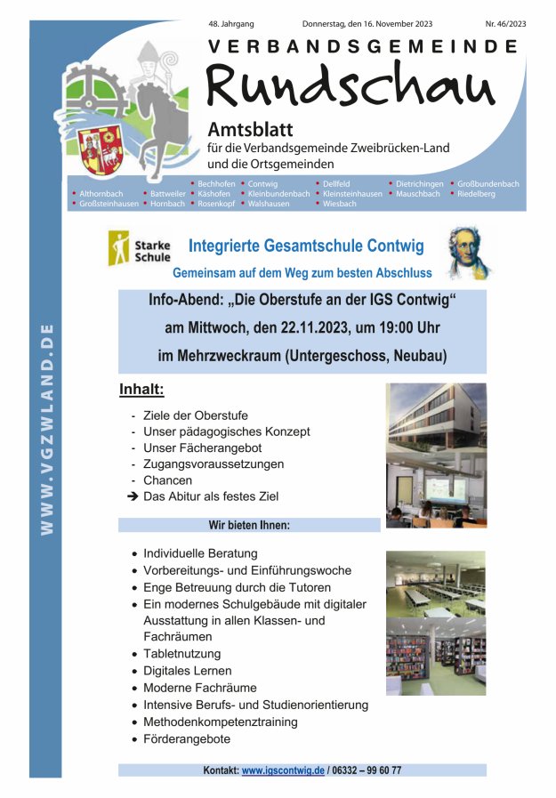 Verbandsgemeinde Rundschau Zweibrücken-Land Titelblatt 46/2023