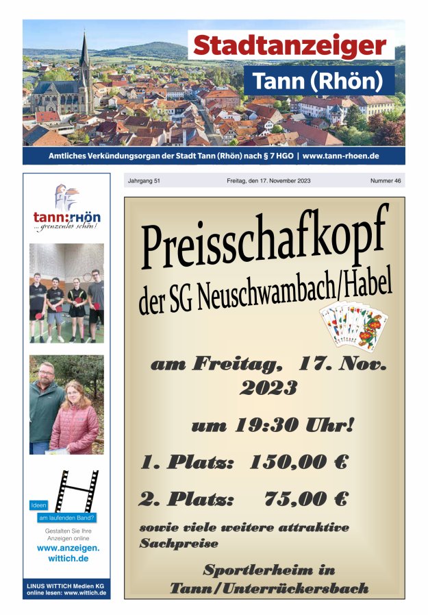 Stadtanzeiger Tann (Rhön) Titelblatt 46/2023