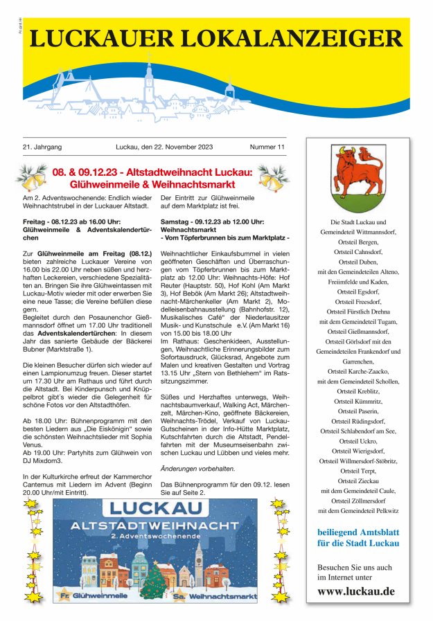 Luckauer Lokalanzeiger (beiliegend Amtsblatt für die Stadt Luckau) Titelblatt 11/2023