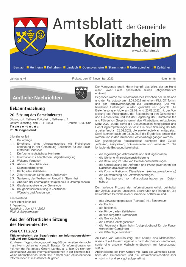 Amtsblatt der Gemeinde Kolitzheim Titelblatt 46/2023