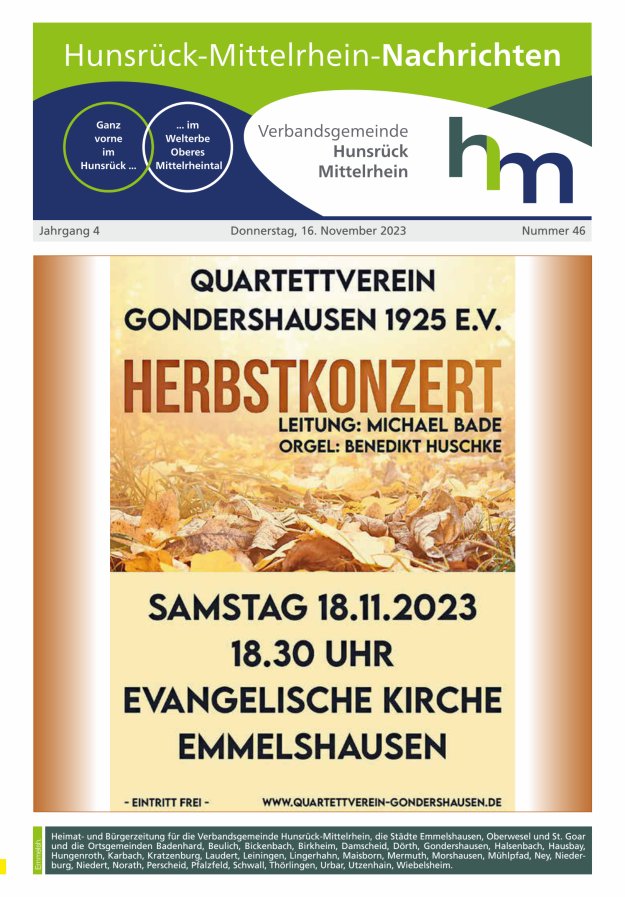 Hunsrück-Mittelrhein Nachrichten Ausgabe Emmelshausen Titelblatt 46/2023