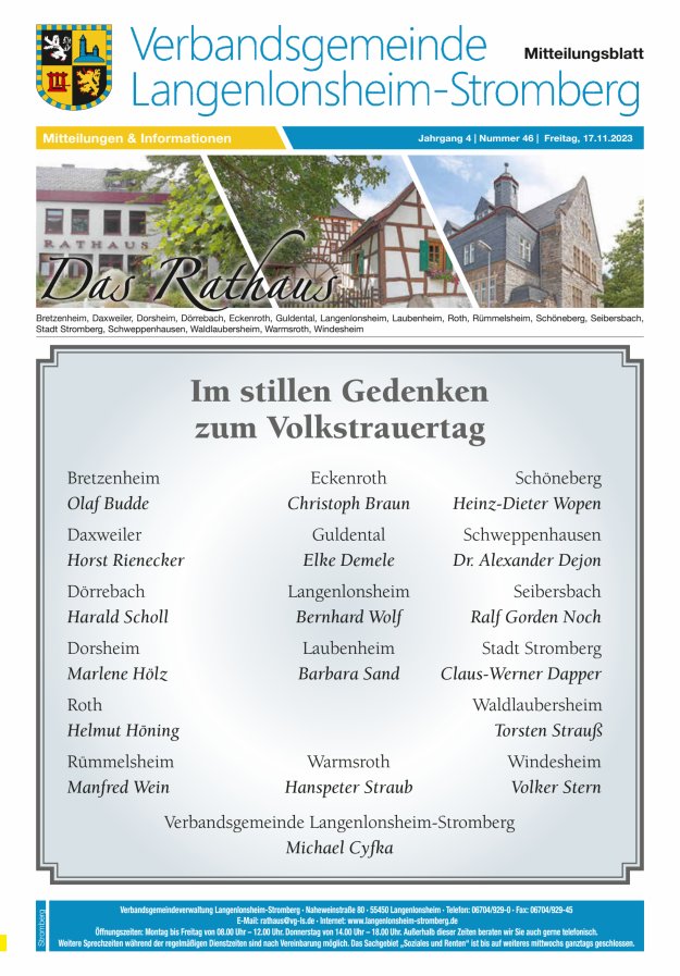 Das Rathaus - MTB d VG Langenlonsheim-Stromberg  Titelblatt 46/2023