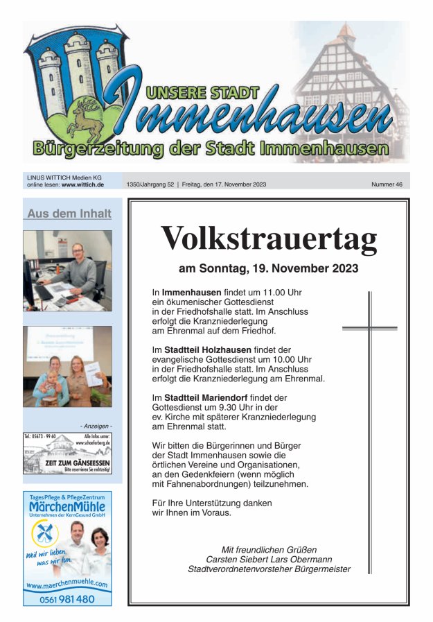 Unsere Stadt Immenhausen Titelblatt 46/2023
