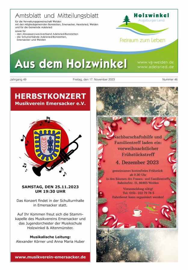 Aus dem Holzwinkel Amtsblatt u Mitteilungsblatt f VG Welden u GemAdelsried Titelblatt 46/2023