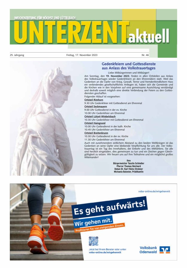 Unterzent aktuell Wochenzeitung für Höchst und Lützelbach Titelblatt 46/2023