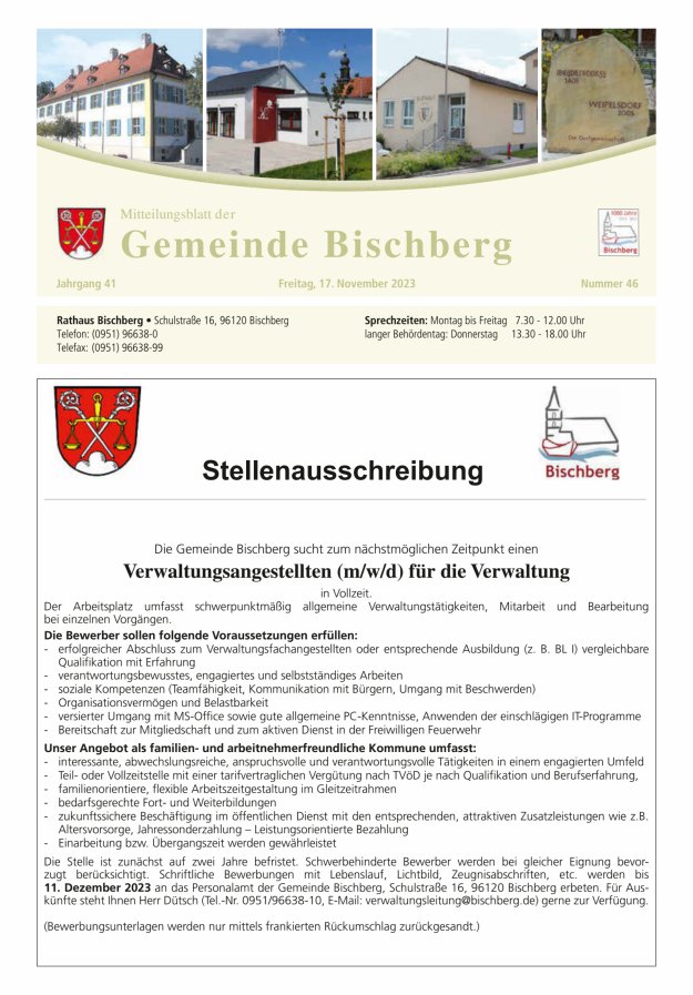 Mitteilungsblatt der Gemeinde Bischberg Titelblatt 46/2023